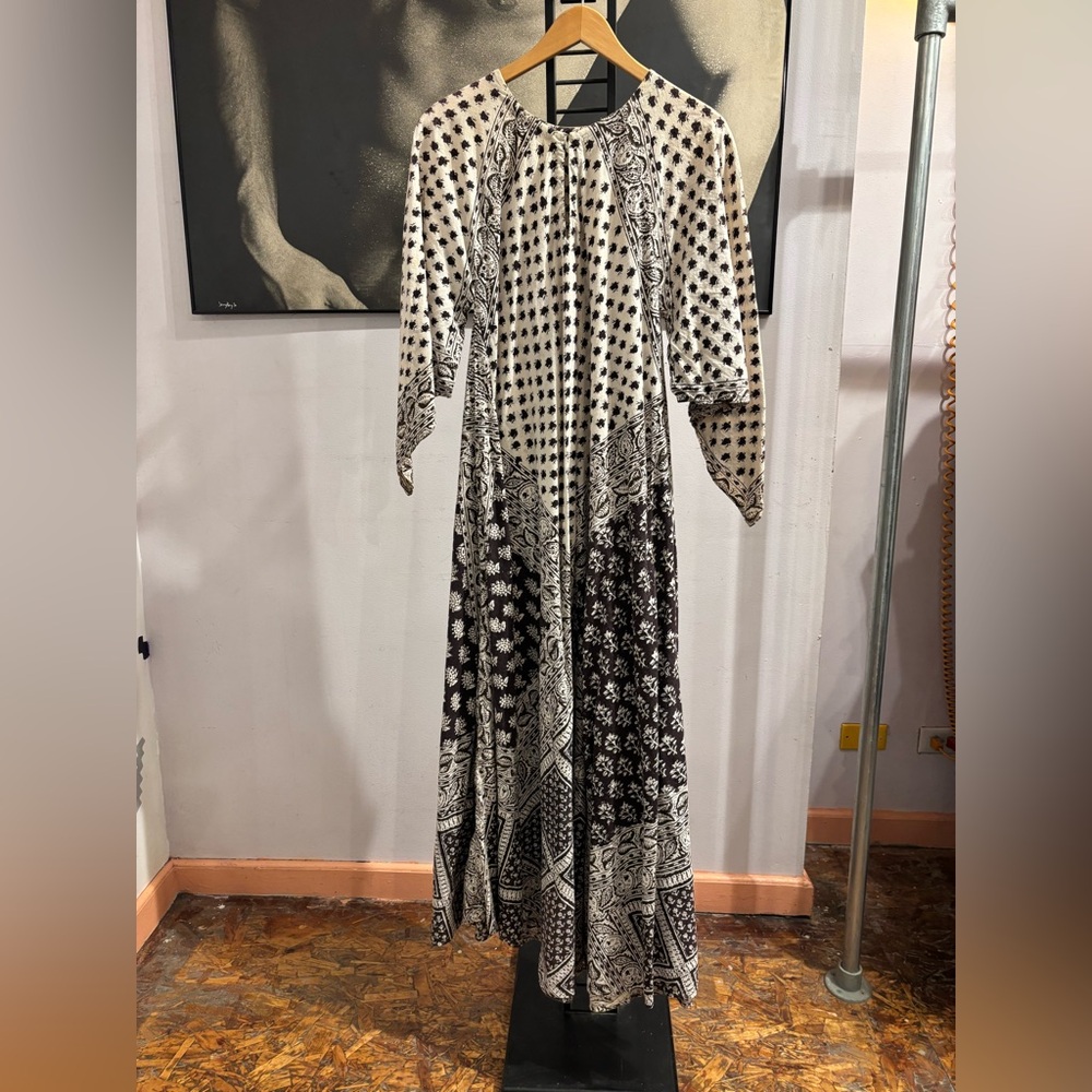 Vintage Indian Block Print Maxi Dress 70s Butterfly Sleeve
